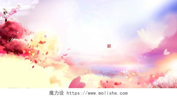 月亮鸟儿彩色渐变中国风手绘樱花节旅游宣传2019海报背景